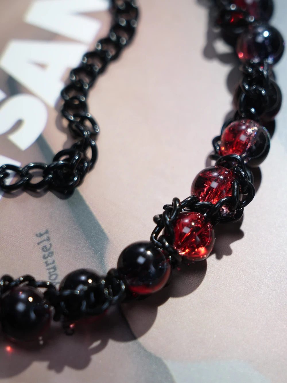 Y2K Layered Gothic Necklace – Black Chain & Reddish Purple Beaded Strand