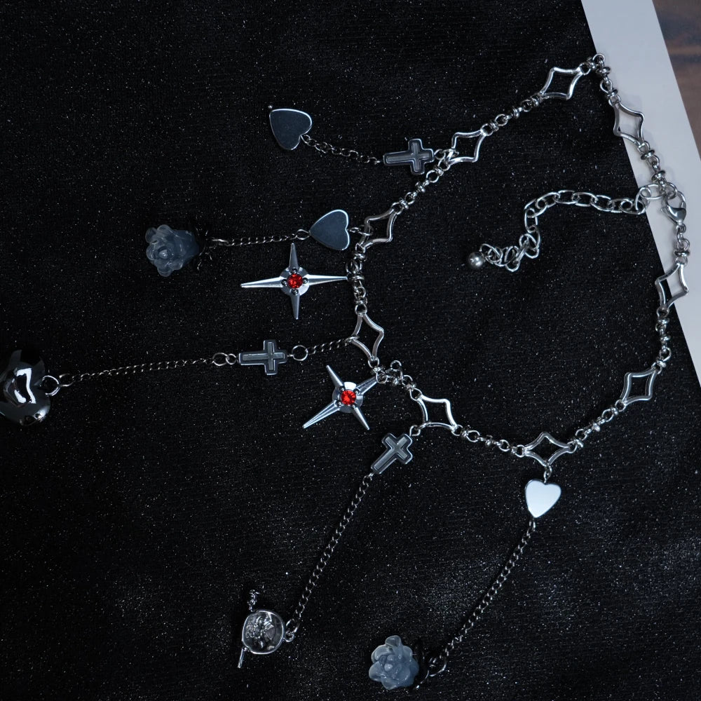Y2K Gothic Heart & Cross Charm Necklace – Silver Chain with Cross Accents