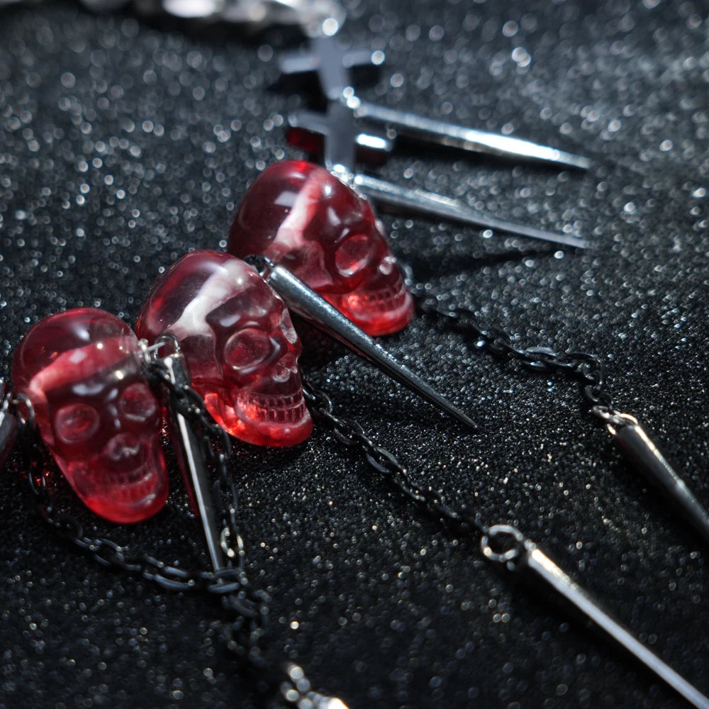 Y2K Gothic Red Skull Spike Necklace – Transparent Pendant Chain with Metal Spikes