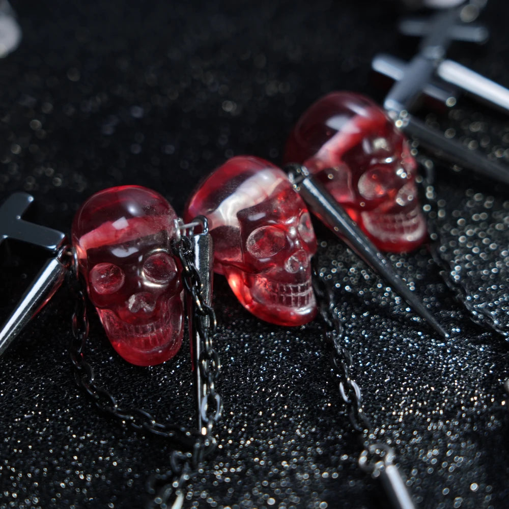 Y2K Gothic Red Skull Spike Necklace – Transparent Pendant Chain with Metal Spikes