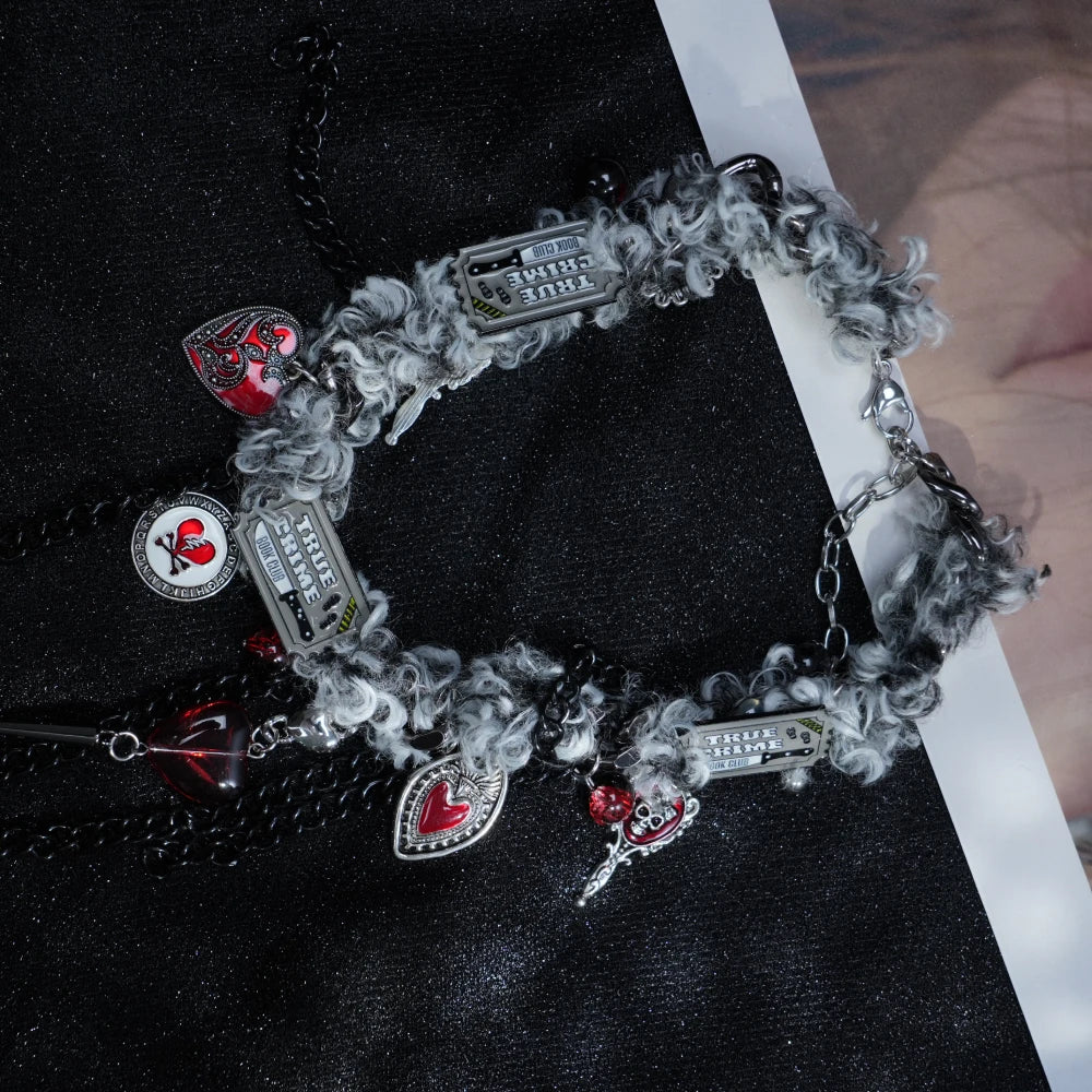 Y2K Gothic Charm Necklace – Silver Layered Chain with Red Hearts & Ornate Dangling Pendants