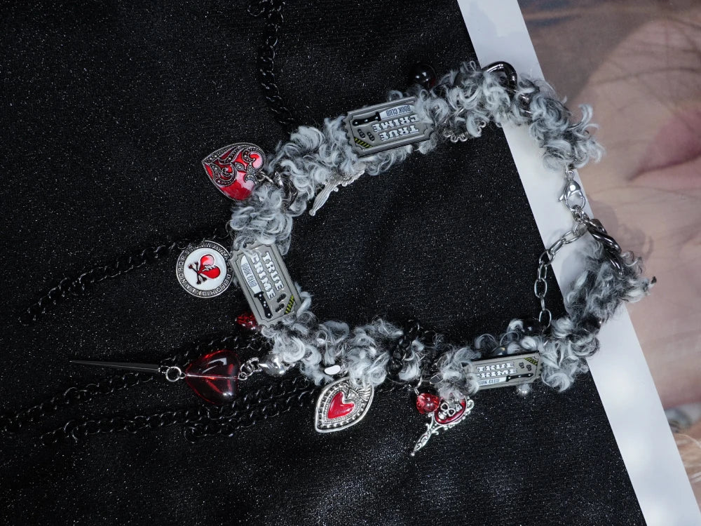 Y2K Gothic Charm Necklace – Silver Layered Chain with Red Hearts & Ornate Dangling Pendants