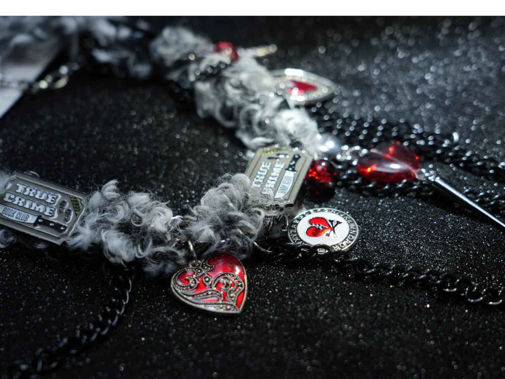 Y2K Gothic Charm Necklace – Silver Layered Chain with Red Hearts & Ornate Dangling Pendants