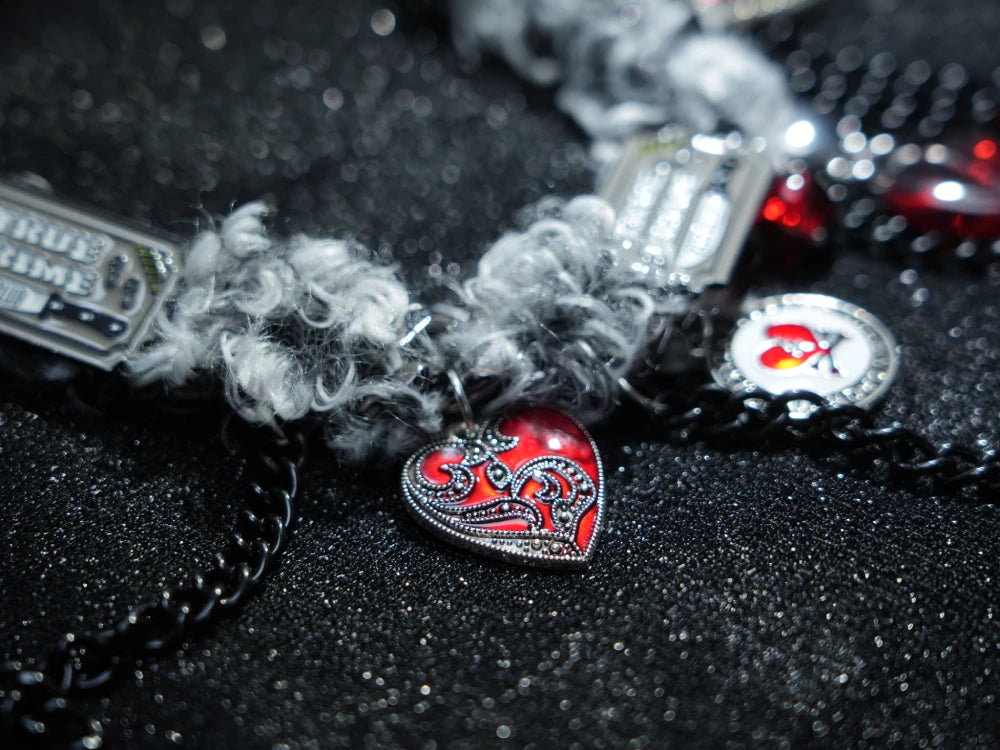Y2K Gothic Charm Necklace – Silver Layered Chain with Red Hearts & Ornate Dangling Pendants