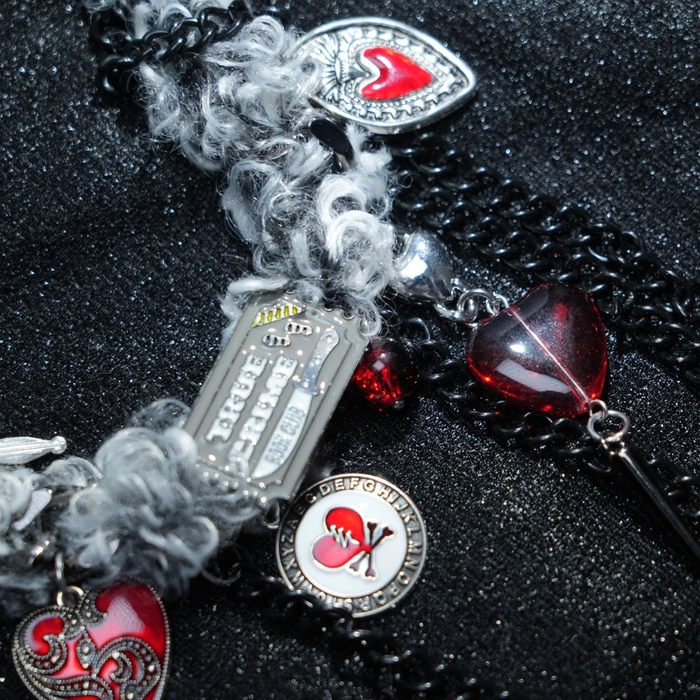 Y2K Gothic Charm Necklace – Silver Layered Chain with Red Hearts & Ornate Dangling Pendants