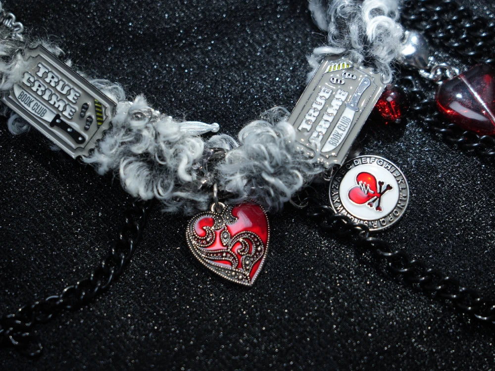 Y2K Gothic Charm Necklace – Silver Layered Chain with Red Hearts & Ornate Dangling Pendants