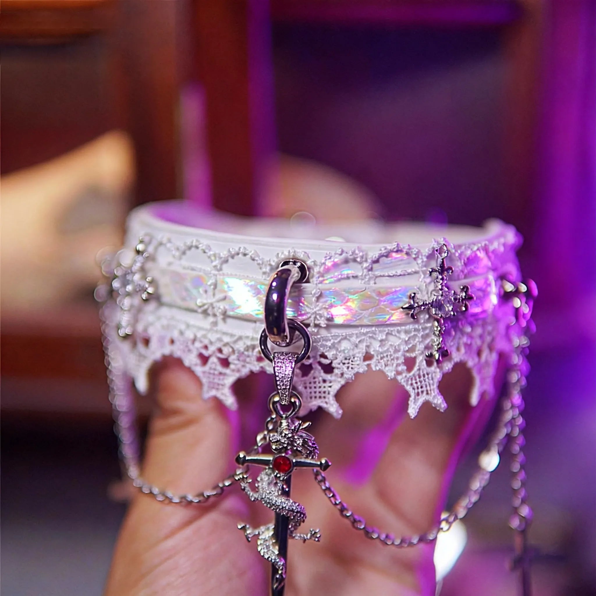 Gothic Lace Choker with Cross and Dragon Sword Pendant – White Victorian Punk Necklace