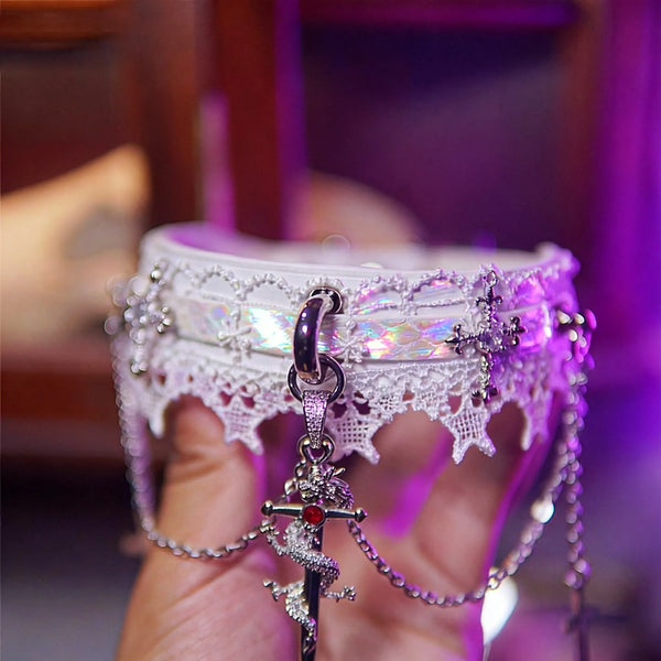 Gothic Lace Choker with Cross and Dragon Sword Pendant – White Victorian Punk Necklace
