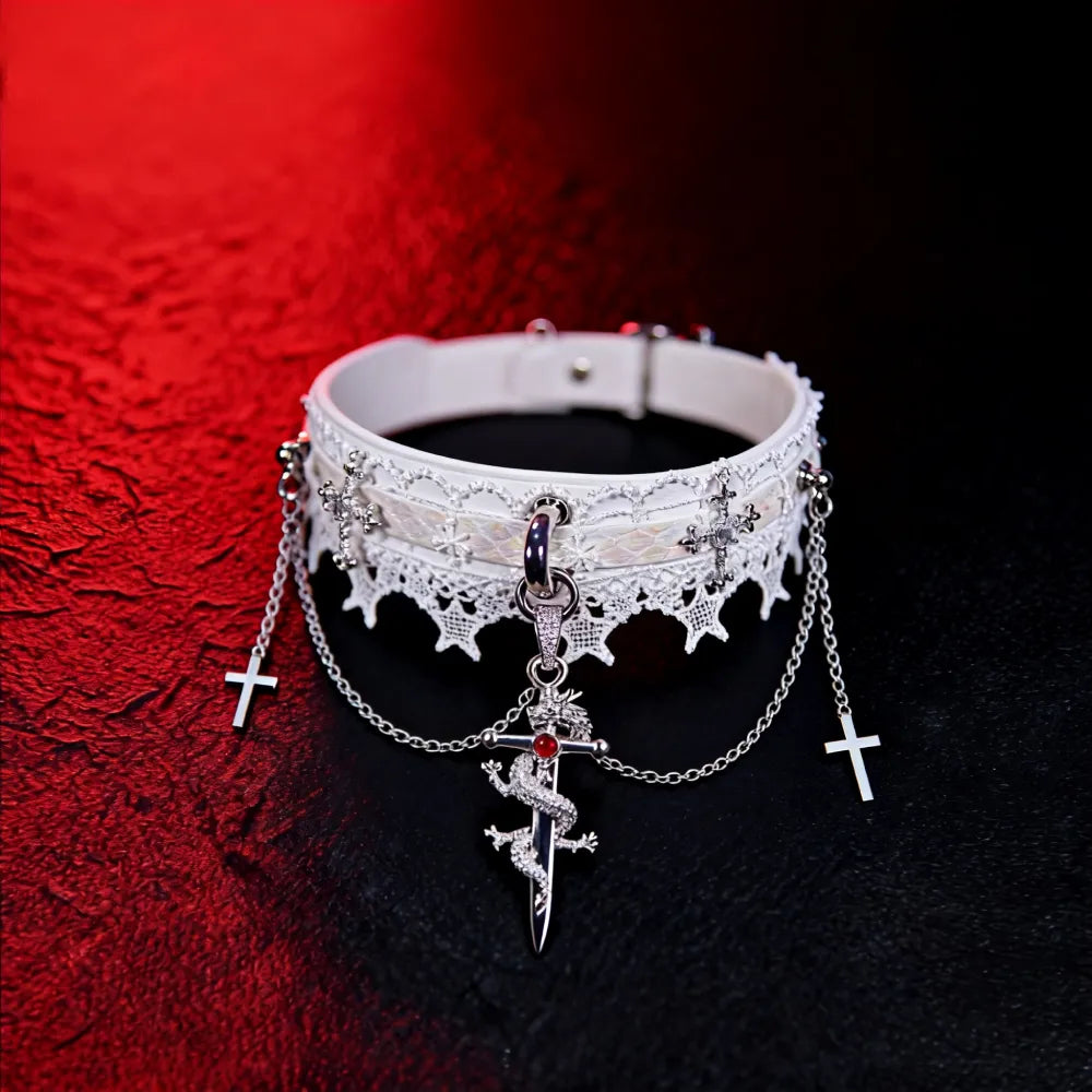 Gothic Lace Choker with Cross and Dragon Sword Pendant – White Victorian Punk Necklace