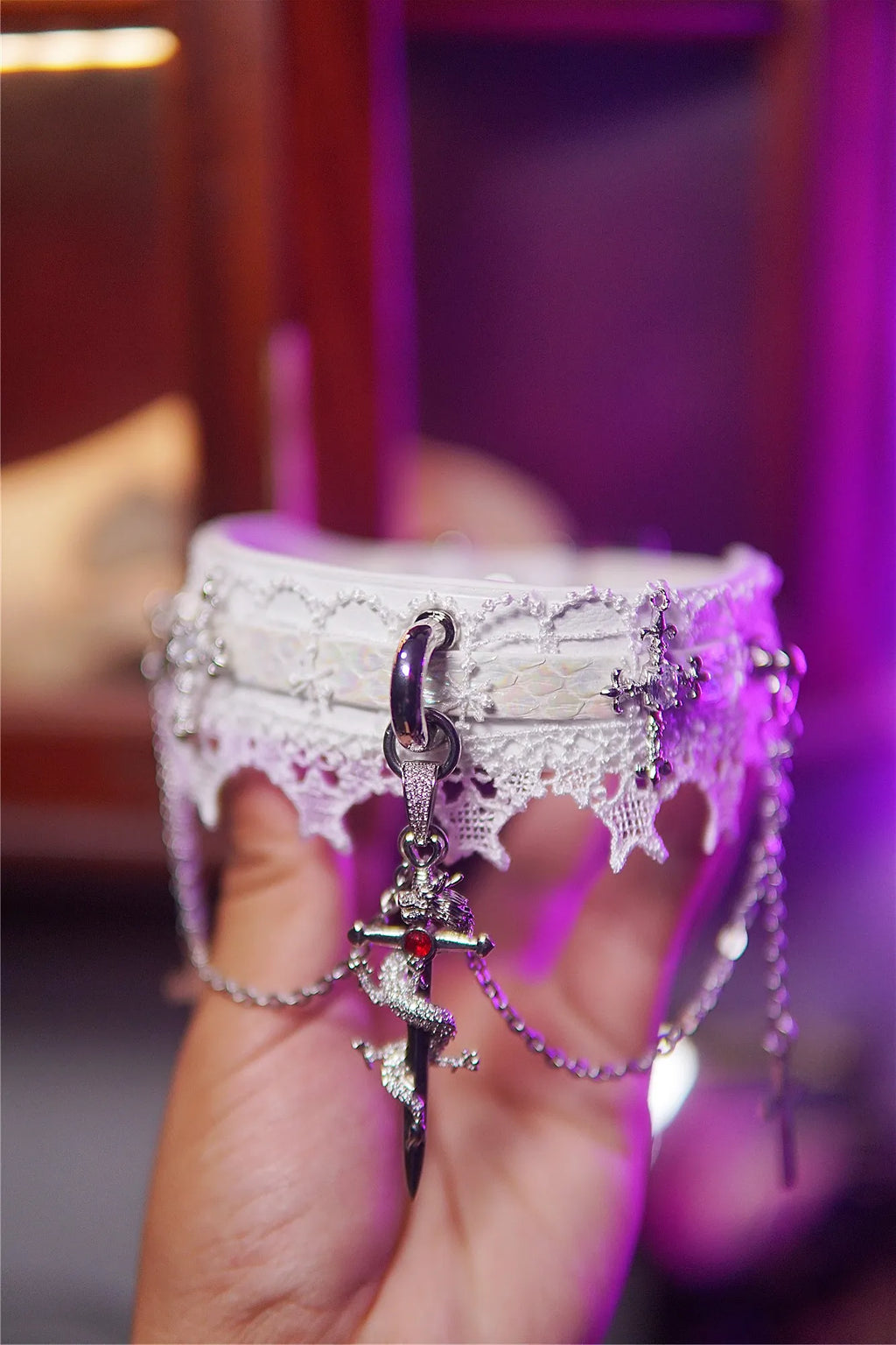 Gothic Lace Choker with Cross and Dragon Sword Pendant – White Victorian Punk Necklace