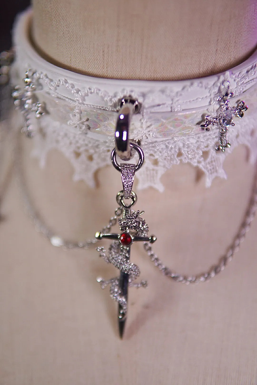 Gothic Lace Choker with Cross and Dragon Sword Pendant – White Victorian Punk Necklace