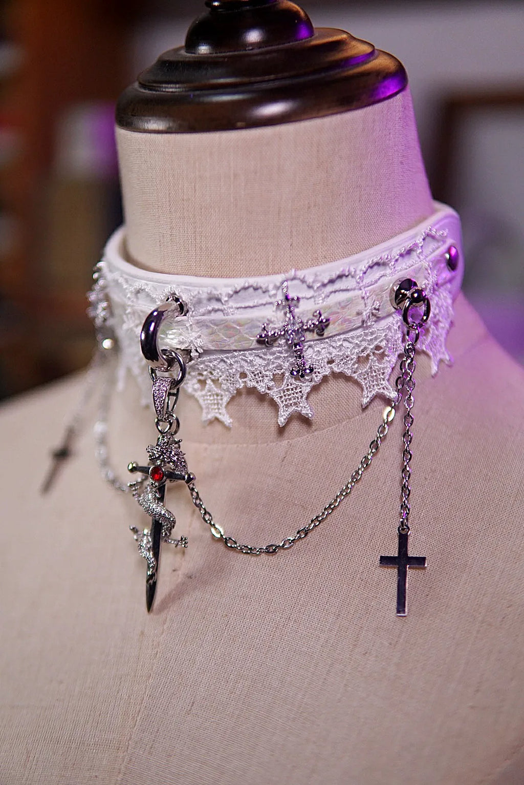 Gothic Lace Choker with Cross and Dragon Sword Pendant – White Victorian Punk Necklace