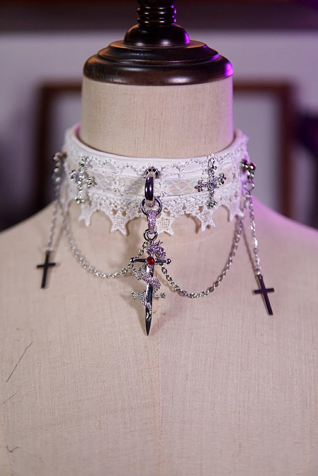 Gothic Lace Choker with Cross and Dragon Sword Pendant – White Victorian Punk Necklace