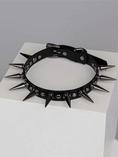 Gothic Spike Trap Genuine Leather Choker - Black Punk Rock Rivet Collar Necklace