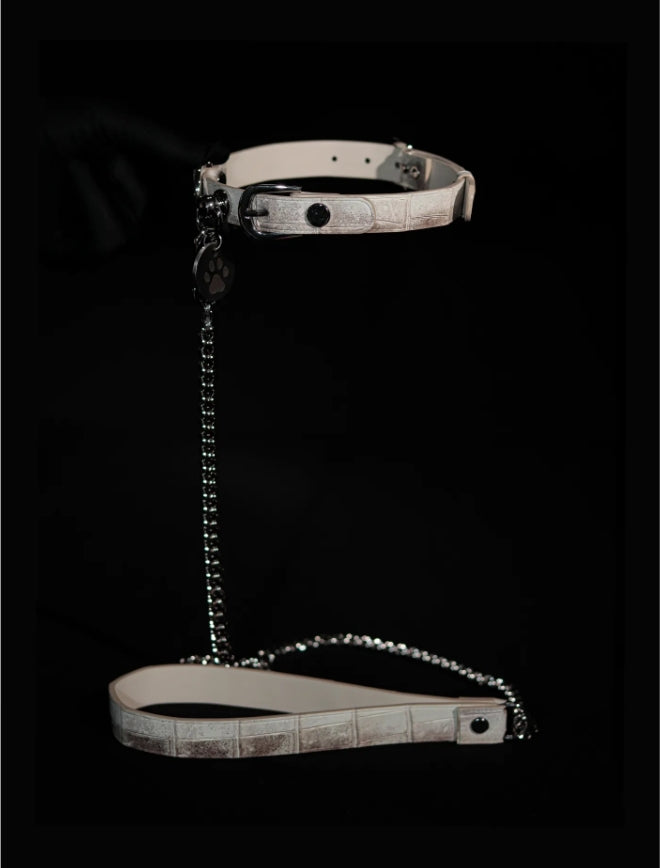 Handmade Himalayan Crocodile Leather Choker - Gradient White Exotic Skin Collar & Leash Set (Luxury Custom)