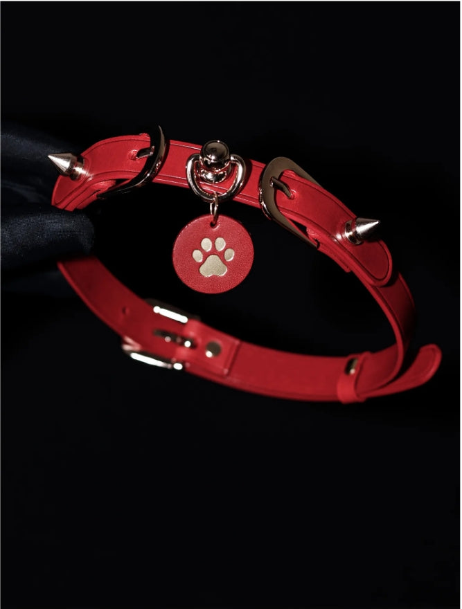 Handmade Italian Buttero Leather "Spike Trap" Cat Paw Choker - Black & Red Punk Spiked Collar