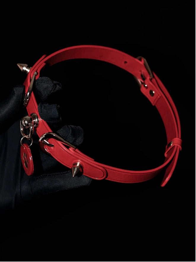 Handmade Italian Buttero Leather "Spike Trap" Cat Paw Choker - Black & Red Punk Spiked Collar