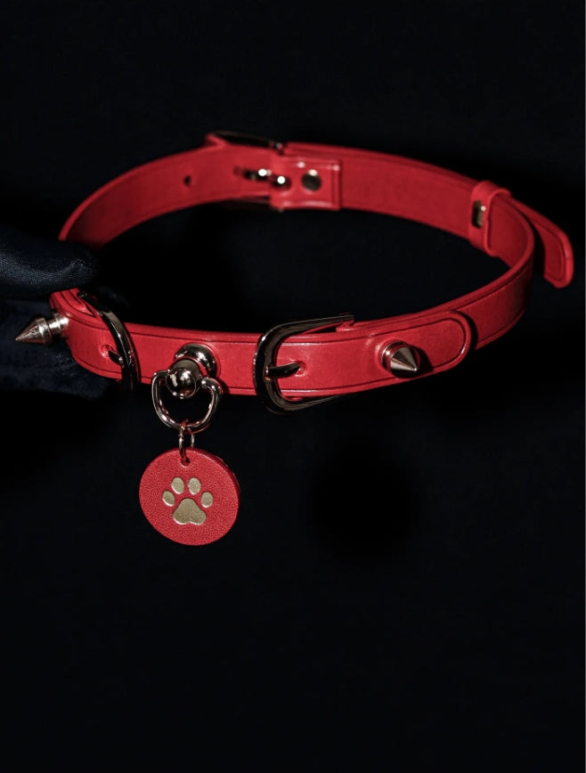 Handmade Italian Buttero Leather "Spike Trap" Cat Paw Choker - Black & Red Punk Spiked Collar