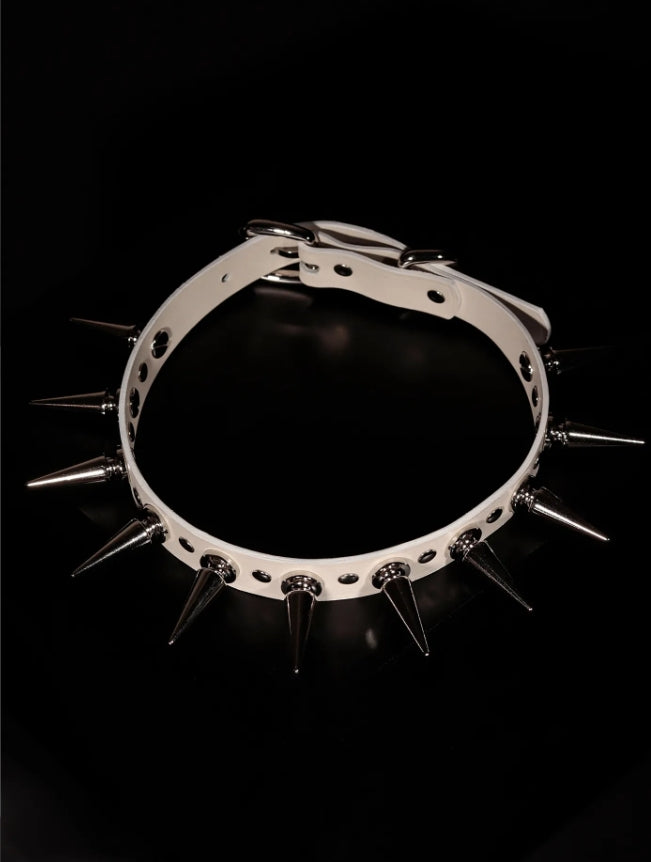 Handmade Italian White Leather "Spike Trap" Choker - Matte Top-Grain Cowhide Punk Rock Spiked Collar
