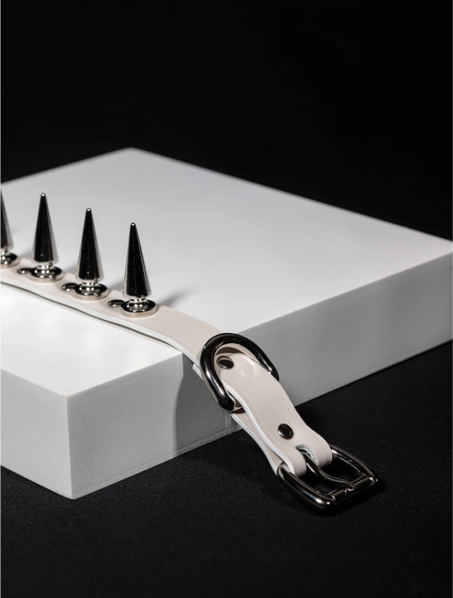 Handmade Italian White Leather "Spike Trap" Choker - Matte Top-Grain Cowhide Punk Rock Spiked Collar