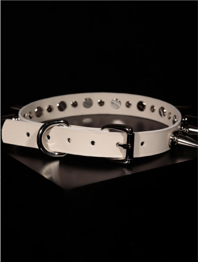 Handmade Italian White Leather "Spike Trap" Choker - Matte Top-Grain Cowhide Punk Rock Spiked Collar