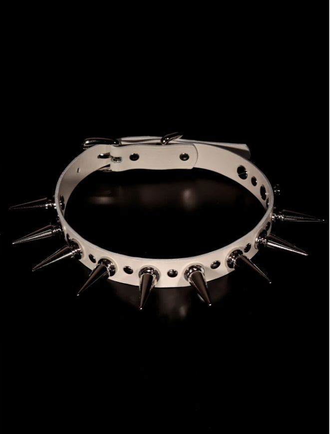 Handmade Italian White Leather "Spike Trap" Choker - Matte Top-Grain Cowhide Punk Rock Spiked Collar