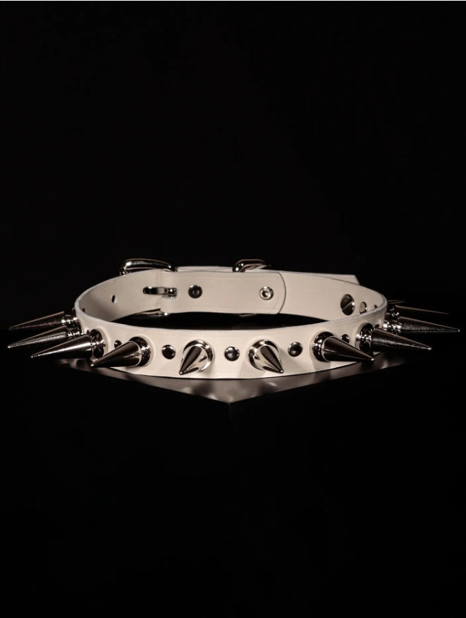 Handmade Italian White Leather "Spike Trap" Choker - Matte Top-Grain Cowhide Punk Rock Spiked Collar