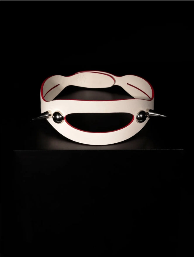 Handmade Shell Cordovan "Cyber Void" Choker - Futuristic Beige Leather Collar with Red Edge & Spikes