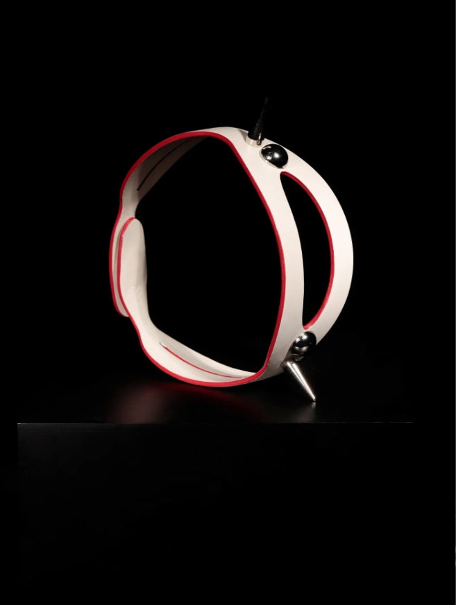 Handmade Shell Cordovan "Cyber Void" Choker - Futuristic Beige Leather Collar with Red Edge & Spikes