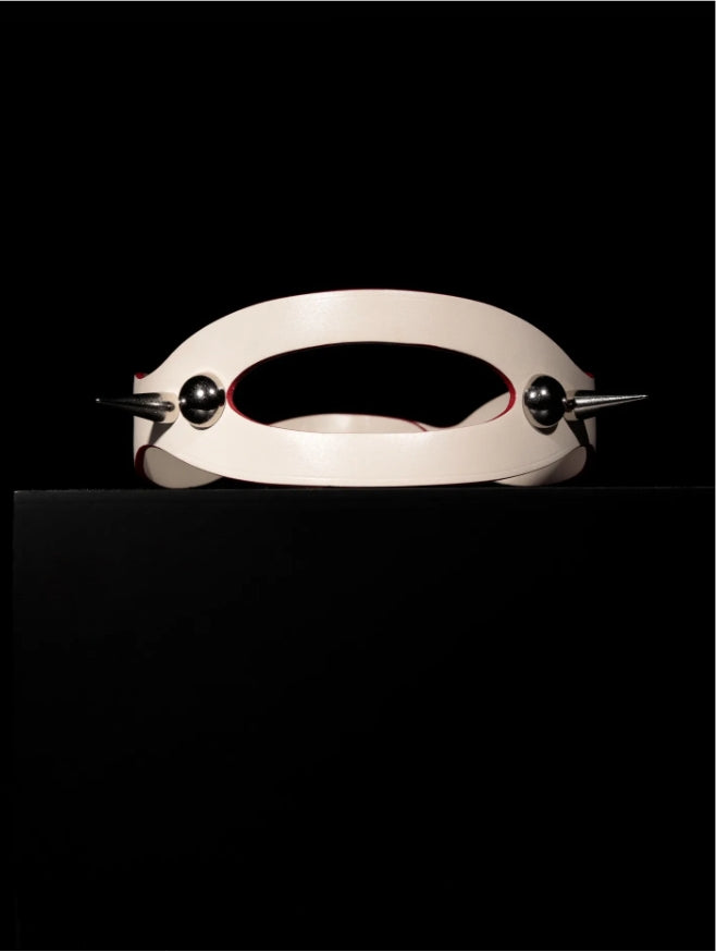 Handmade Shell Cordovan "Cyber Void" Choker - Futuristic Beige Leather Collar with Red Edge & Spikes