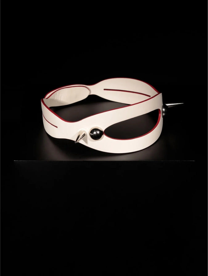 Handmade Shell Cordovan "Cyber Void" Choker - Futuristic Beige Leather Collar with Red Edge & Spikes