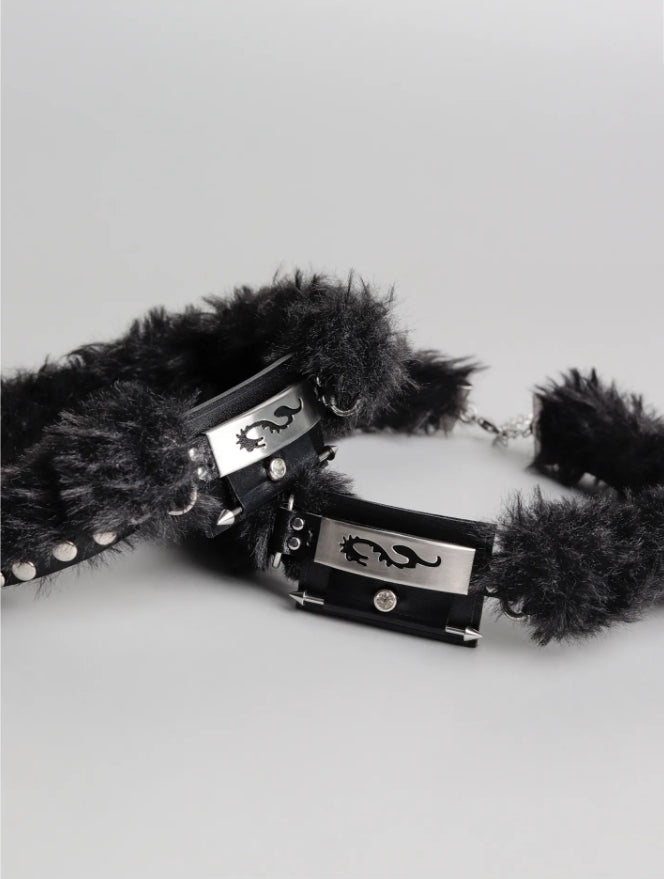 Neo-Chinese Cyber Dragon Fur Choker - Handmade Leather Subculture Collar with Metal Totem (Original Design)