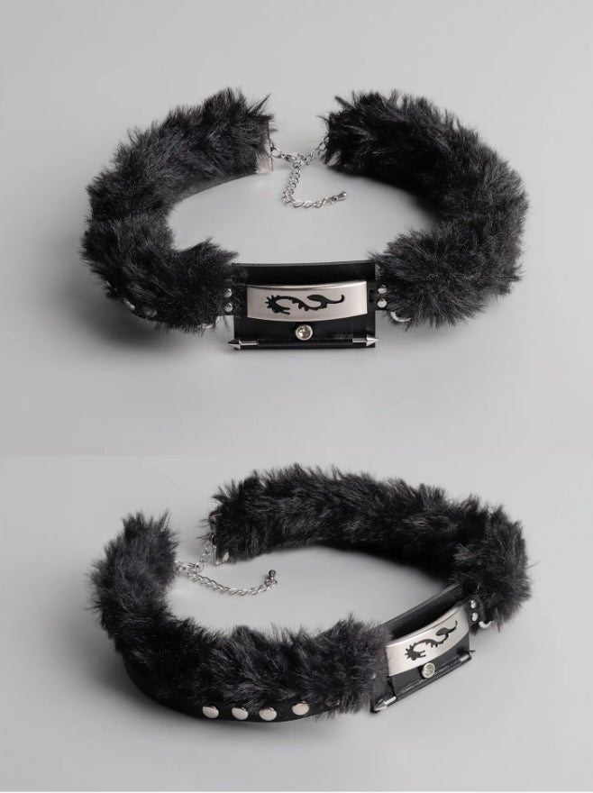 Neo-Chinese Cyber Dragon Fur Choker - Handmade Leather Subculture Collar with Metal Totem (Original Design)