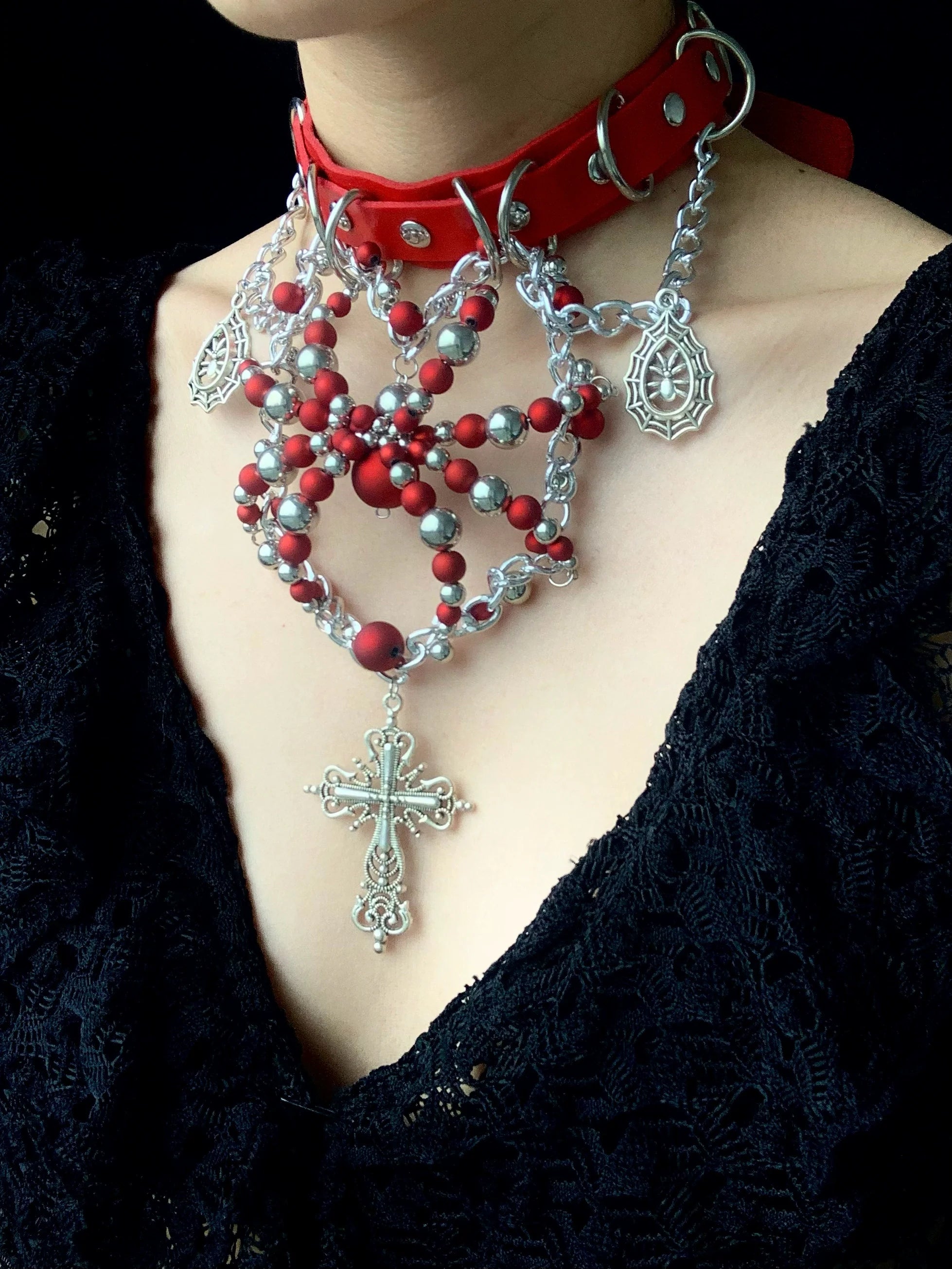 Silver Red Spider Necklace Collar Dark Punk Gothic Choker