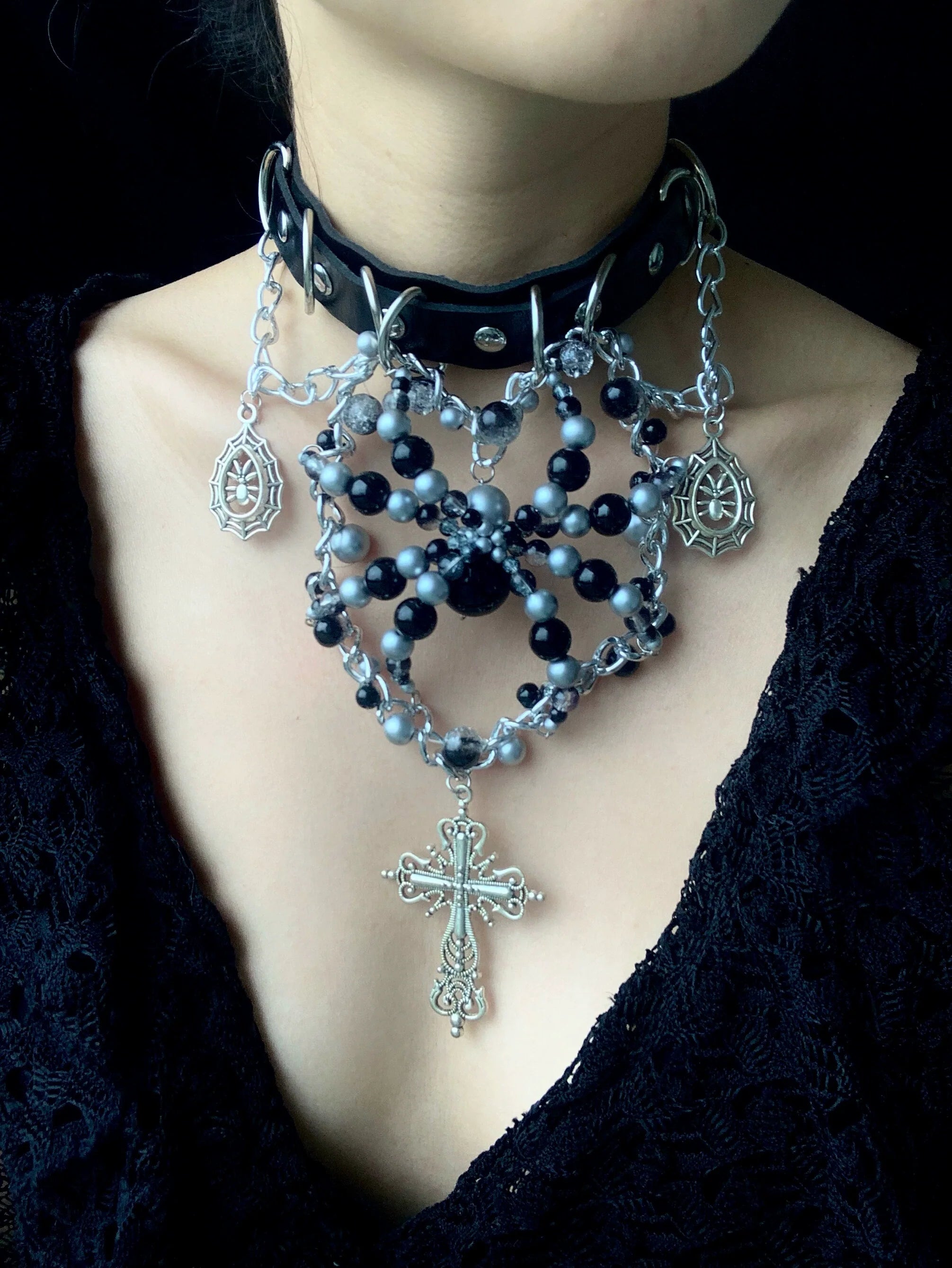 Black Sliver Spider Necklace Collar Dark Punk Gothic Choker