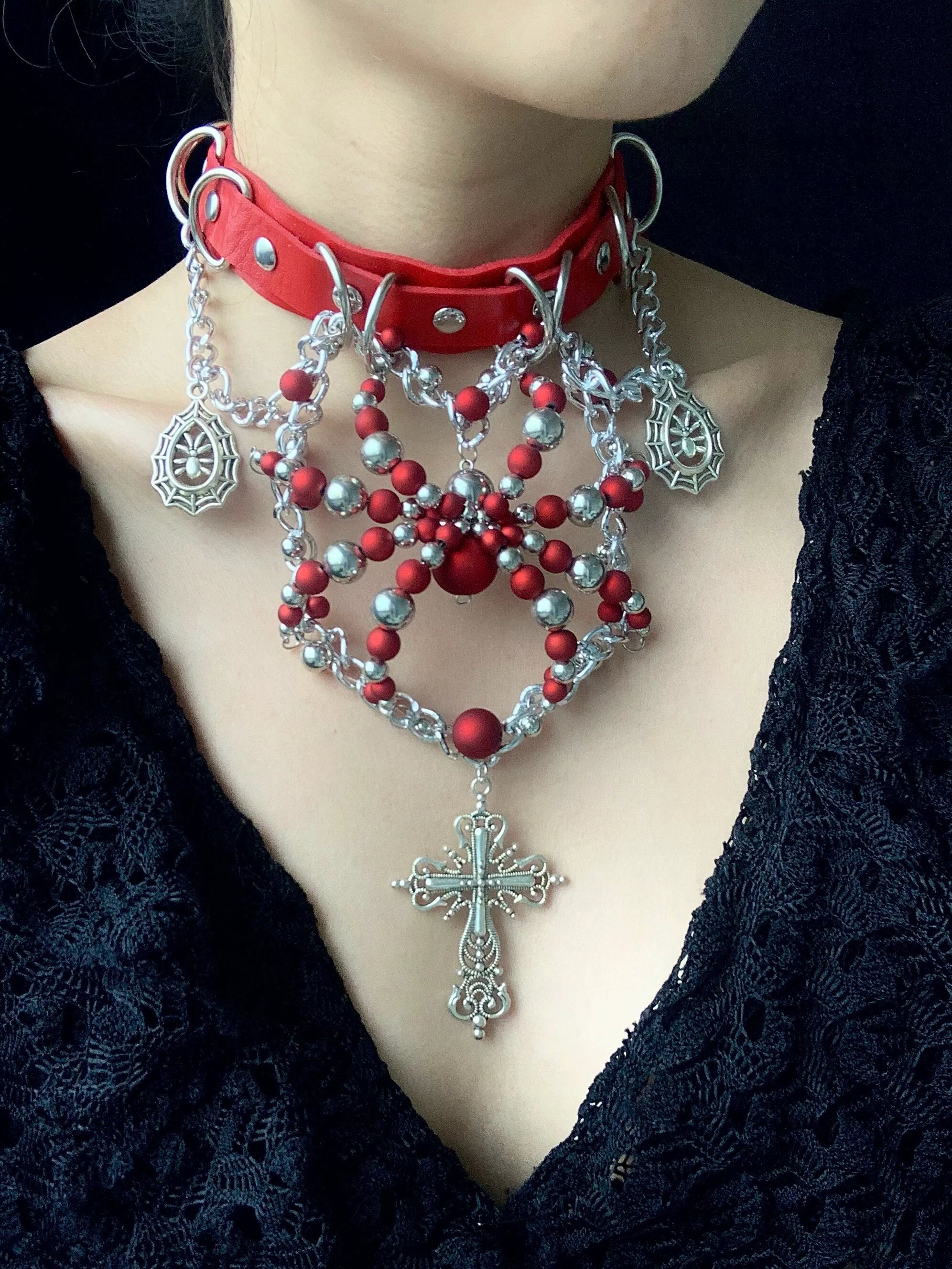 Silver Red Spider Necklace Collar Dark Punk Gothic Choker