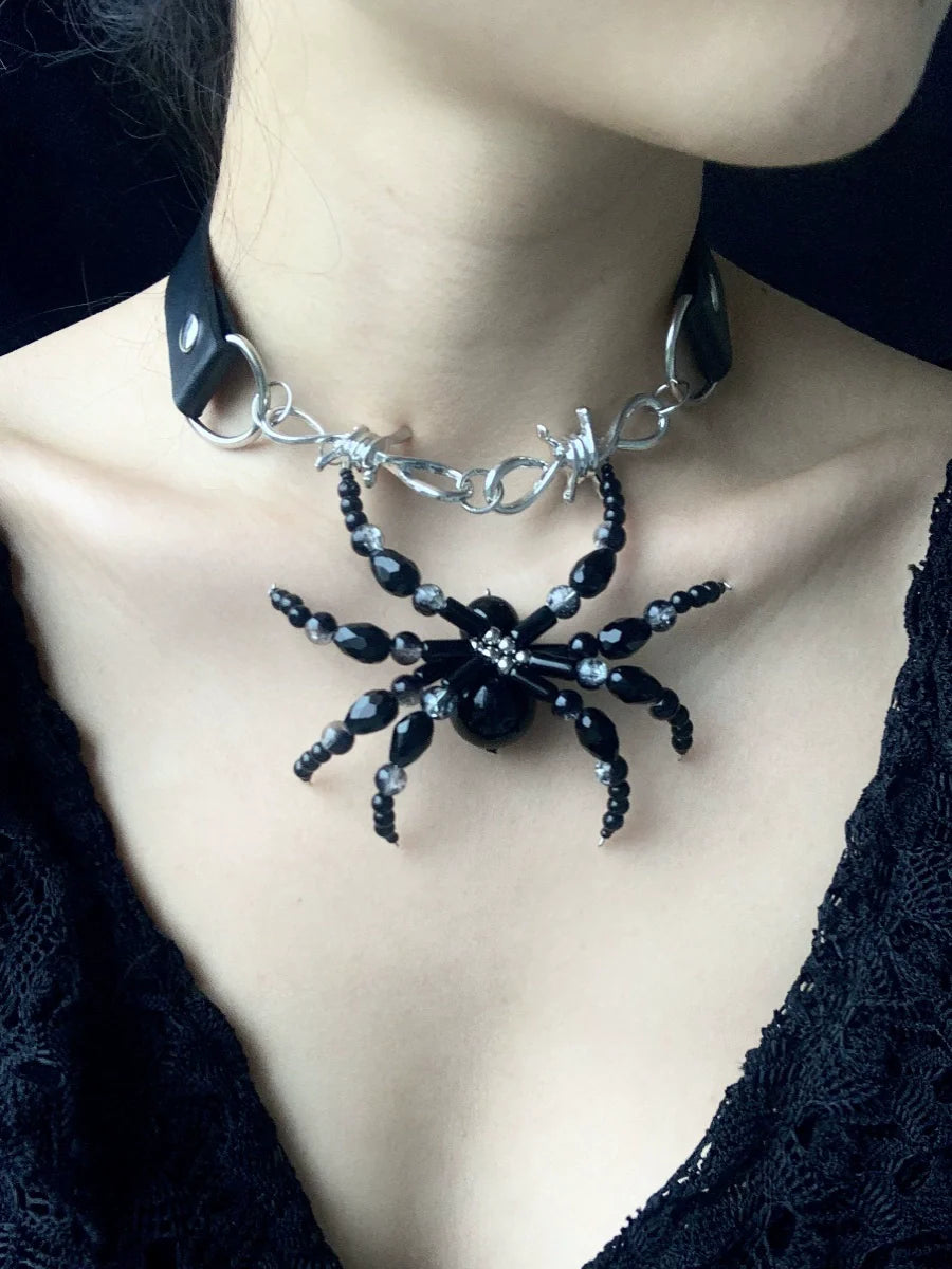 Ink Black Spider Necklace Dark Punk Subculture Choker Cross Leather Collar
