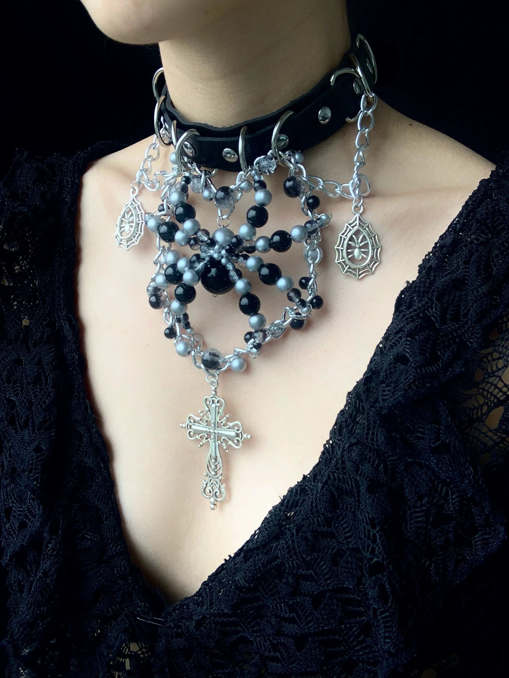 Black Sliver Spider Necklace Collar Dark Punk Gothic Choker