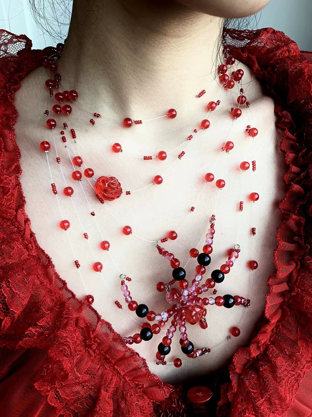Tixue Red Spider Necklace Dark Gothic Punk Handmade