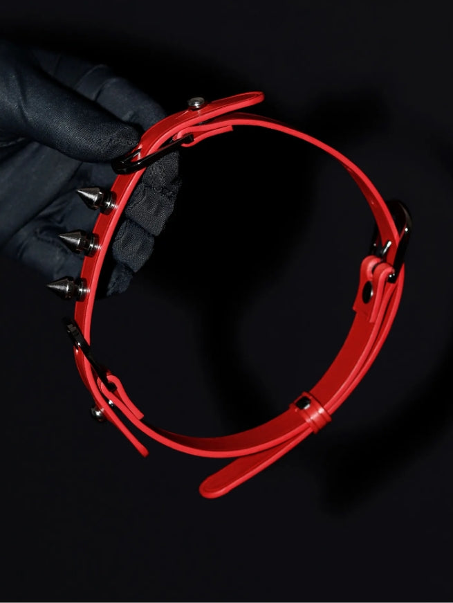 Spike Trap Red Italian Buttero Leather Choker - Gothic Punk Spiked Collar
