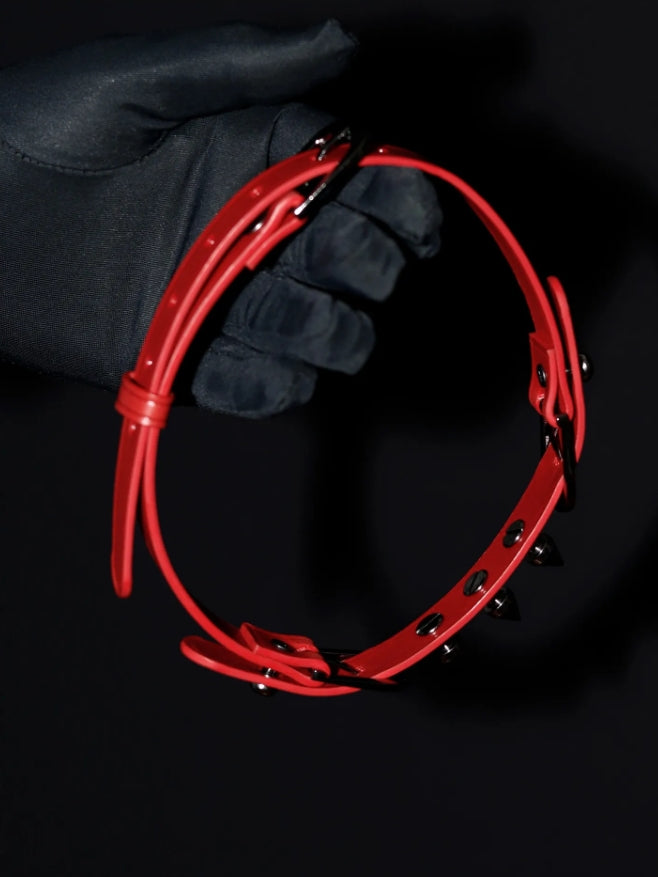 Spike Trap Red Italian Buttero Leather Choker - Gothic Punk Spiked Collar