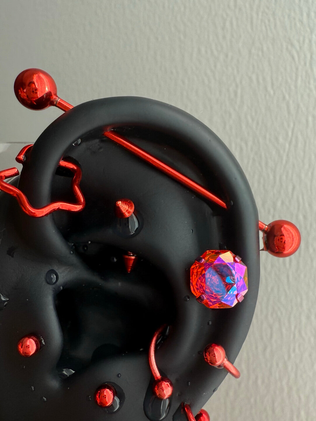 Red Titanium Steel Earrings & Titanium Alloy Zircon Ear Bone Studs |   Red Cone Pendant Ear Hoop