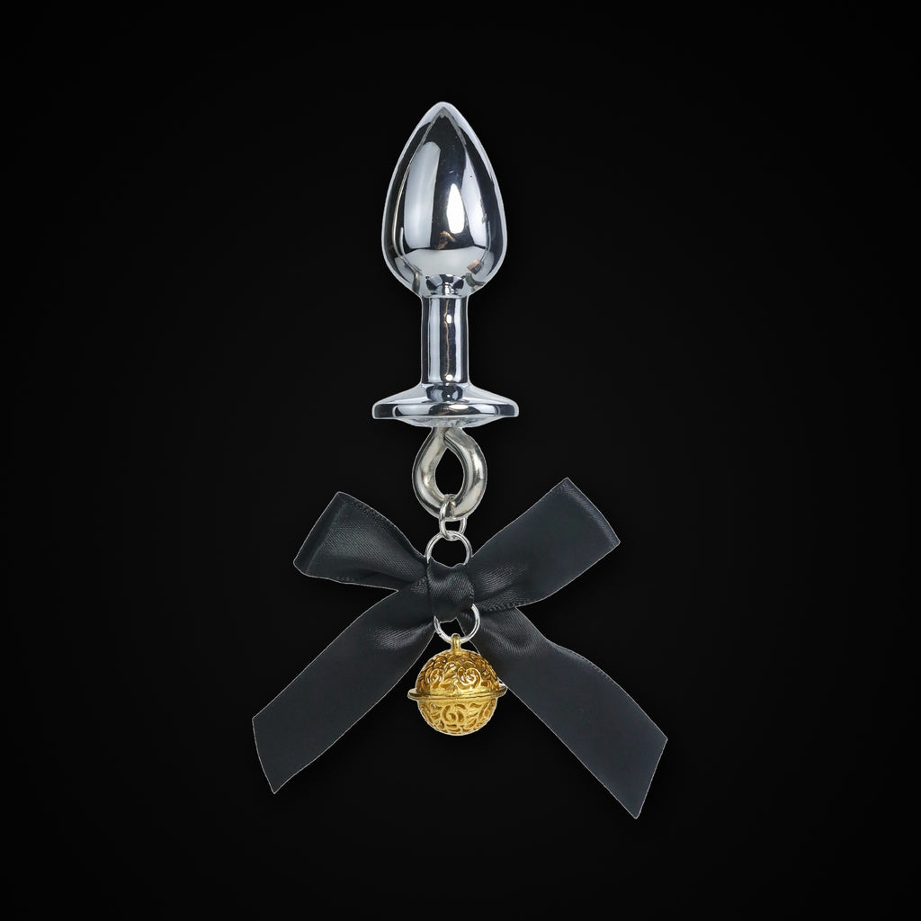 Black Satin Bow Bell Jewel Plug in Gold Bell