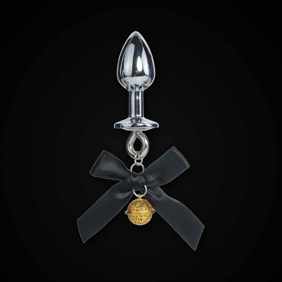 Black Satin Bow Bell Jewel Plug in Gold Bell