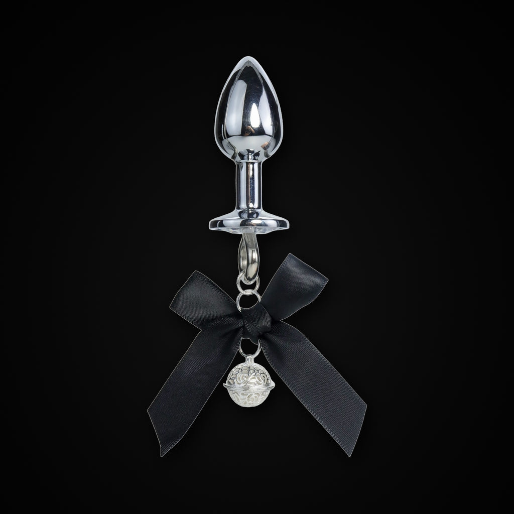 Black Satin Bow Bell Jewel Plug in Silver Bell