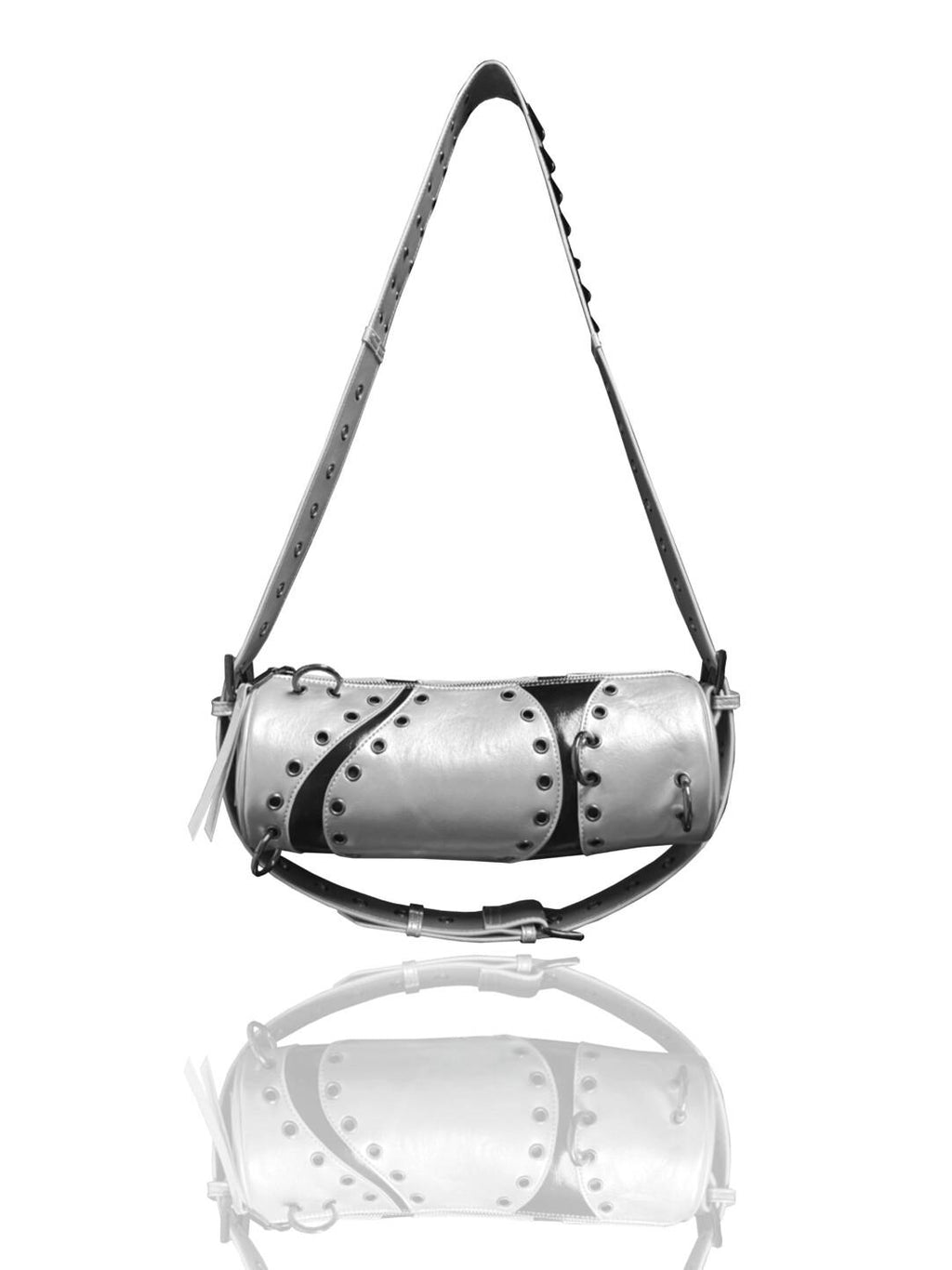 Y2K Punk Red & Black Color-Block Cylinder Bag - Grunge Grommet Strap Barrel Shoulder Bag (Plush Charm Not Included)