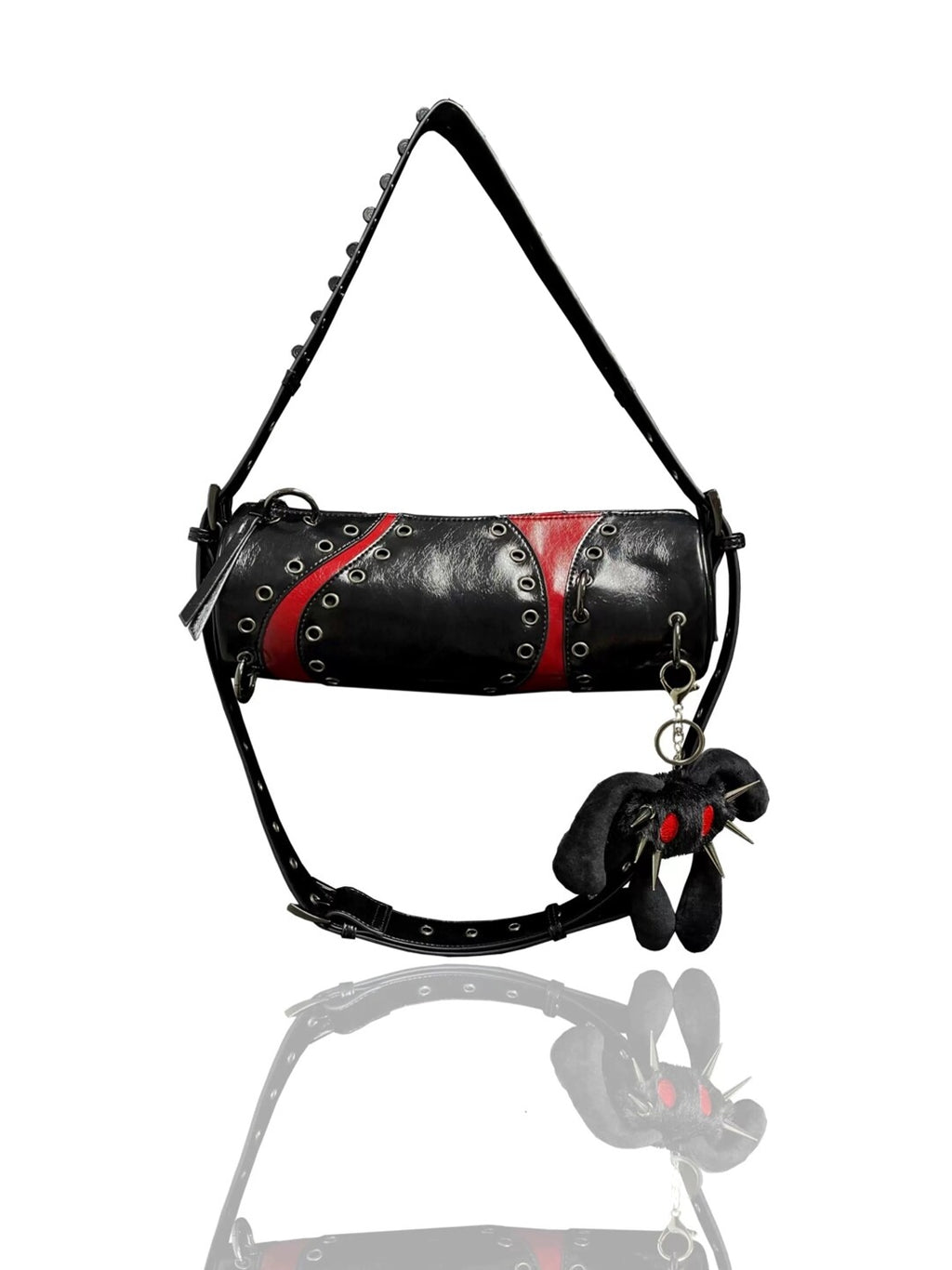 Y2K Punk Red & Black Color-Block Cylinder Bag - Grunge Grommet Strap Barrel Shoulder Bag (Plush Charm Not Included)
