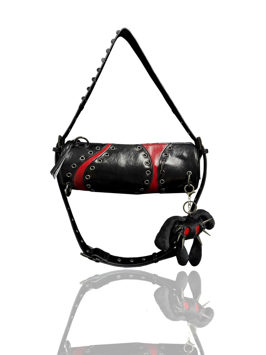 Y2K Punk Red & Black Color-Block Cylinder Bag - Grunge Grommet Strap Barrel Shoulder Bag (Plush Charm Not Included)