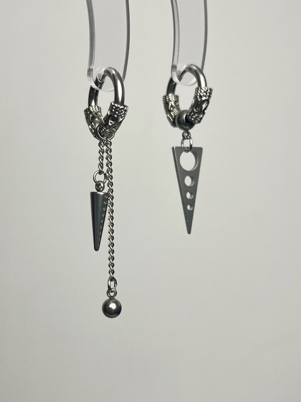 Asymmetrical Dragon Scale Hoop Earrings - Stainless Steel Industrial Punk Jewelry | Geometric Spike & Chain Drop (Unisex)