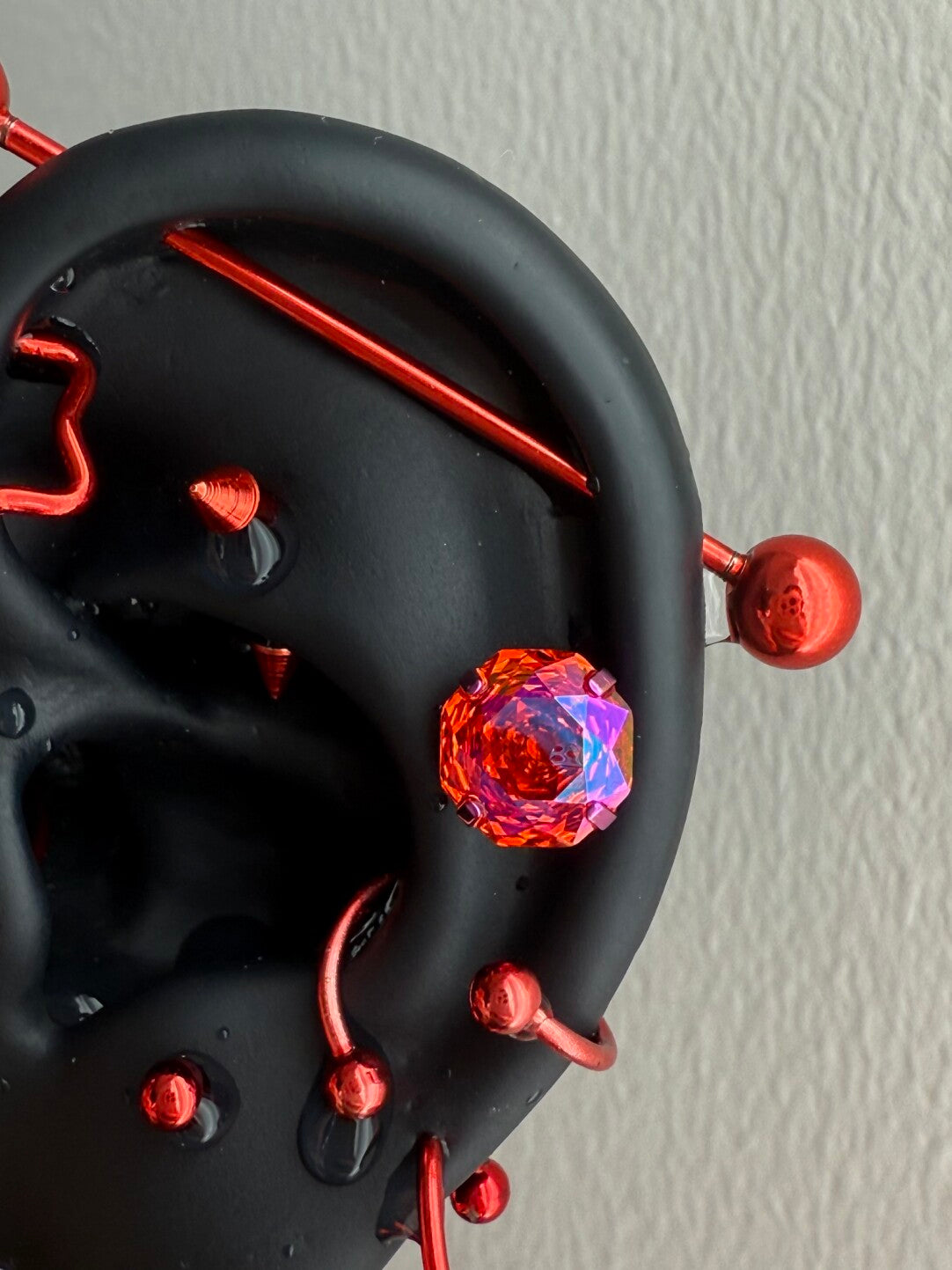 Red Titanium Steel Earrings & Titanium Alloy Zircon Ear Bone Studs |   Red Cone Pendant Ear Hoop